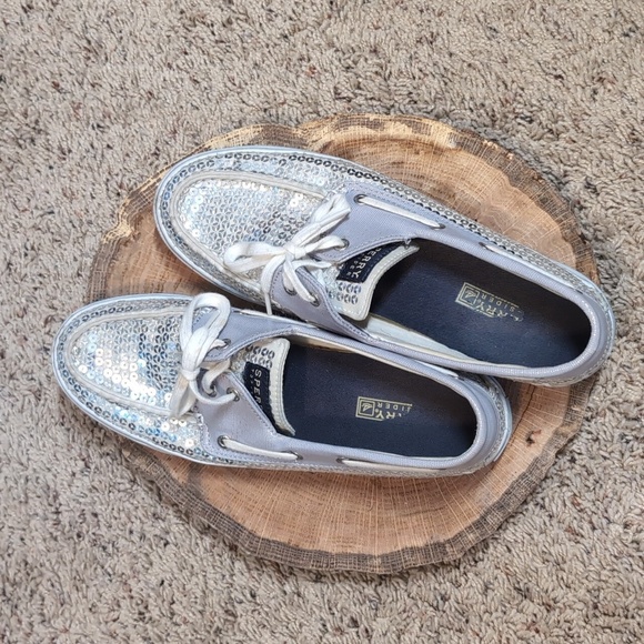 Sparkle SPERRY Silver Sequin Topsider Boat Slip on Shoe - Picture 1 of 11